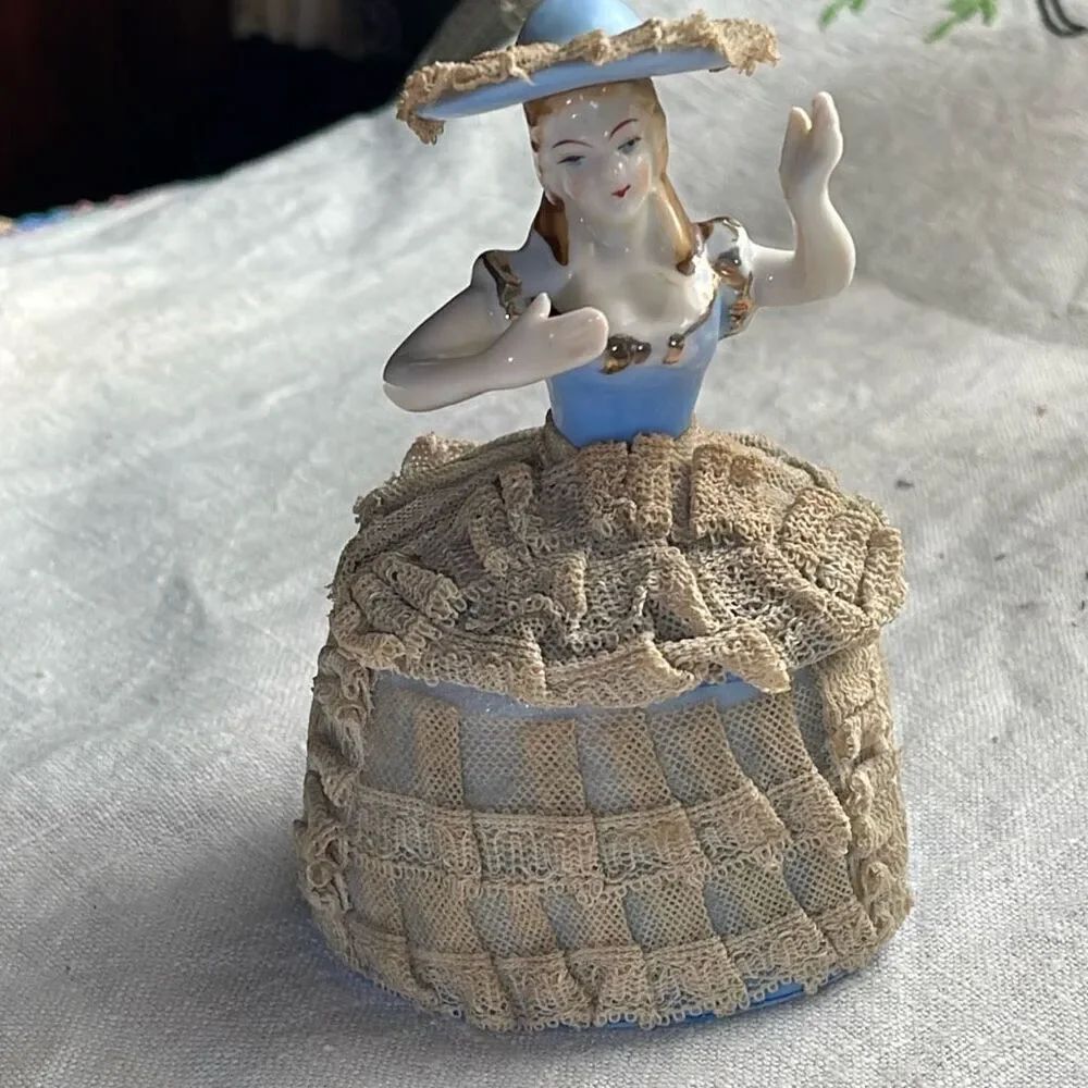 Vintage Victorian trinket box starched lace figurine  porcelain